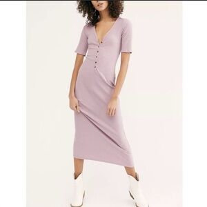 FREE PEOPLE Beach Purple Lulu Ribbed Button Front Henley Midi Dress